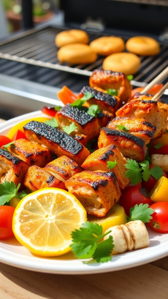 Grilled garlic lemon turkey skewers with bell peppers and cherry tomatoes, garnished with parsley, on a plate in an outdoor setting.